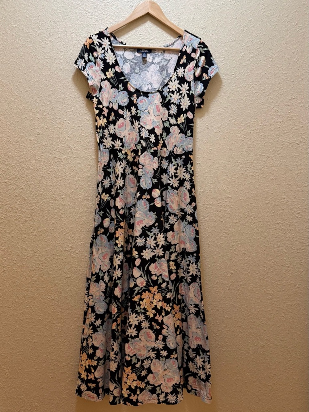 Chaps Black Floral Maxi Dress with Pastel Flowers size large